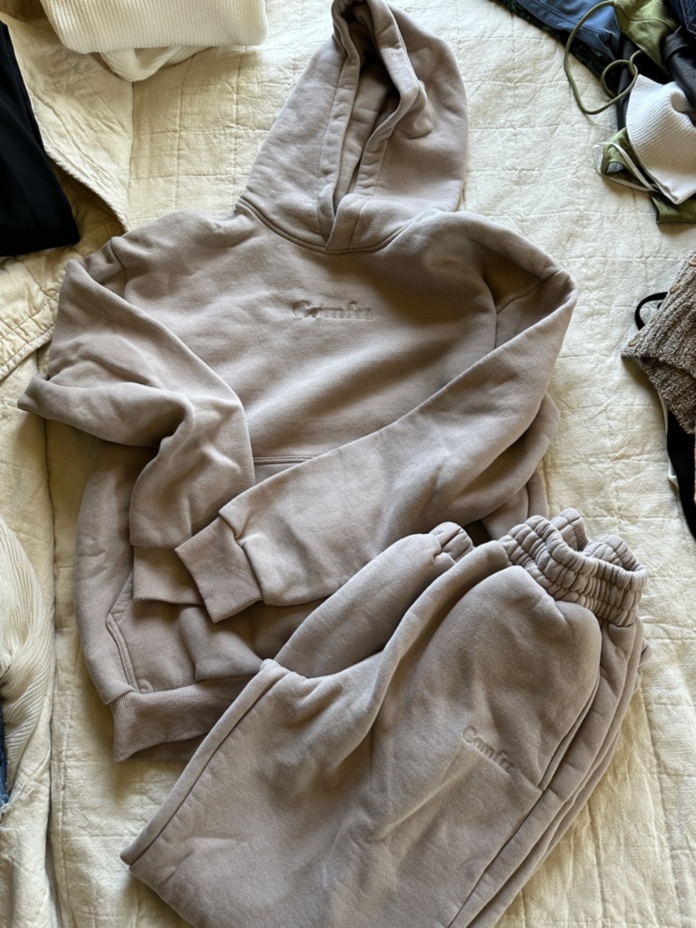 Cozy Neutral Mauve/Taupe Hoodie & Jogger Set by (Comfrt) - Taupe Sweat Set